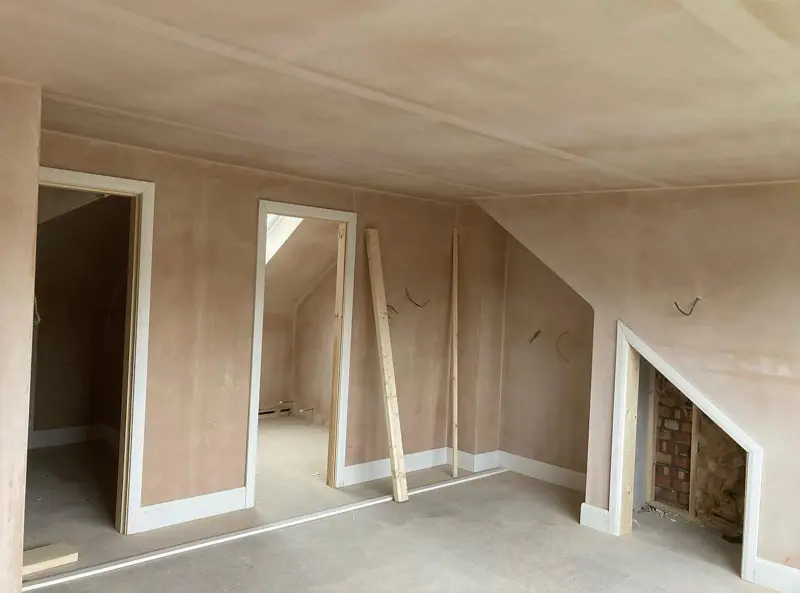 New extension boarded and plastered, ready for decoration