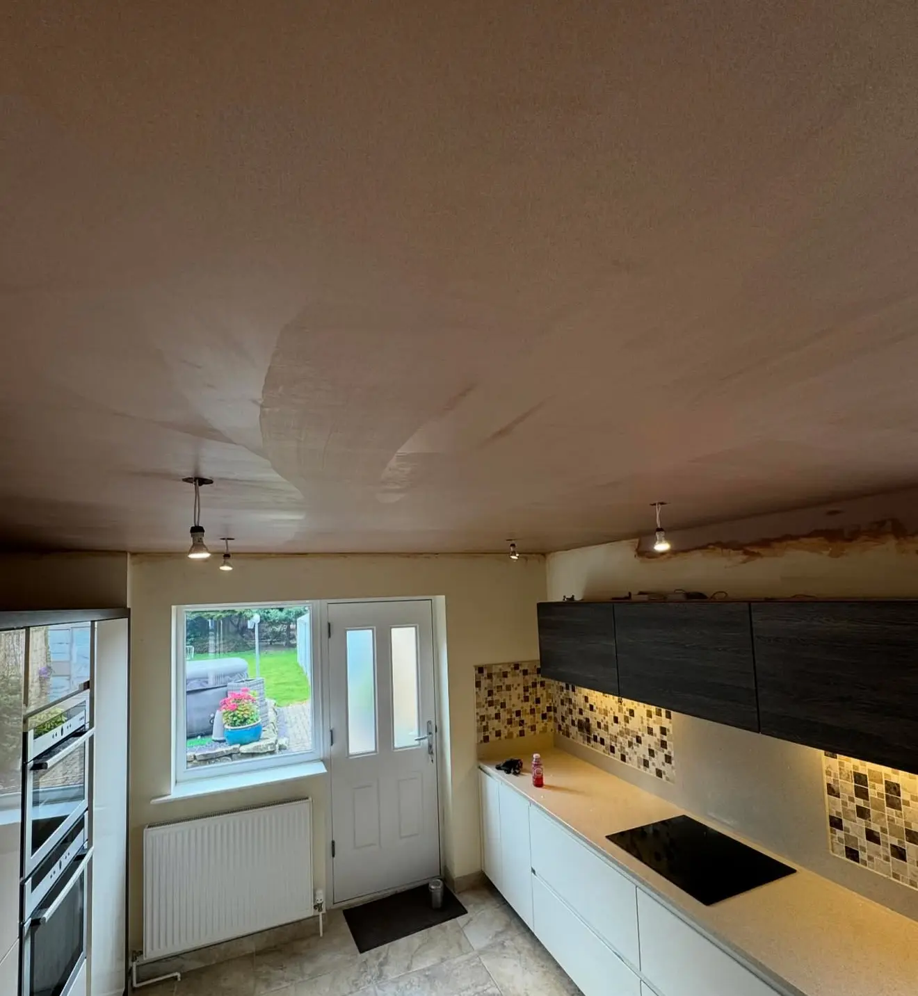Kitchen ceiling skimmed smooth above new units