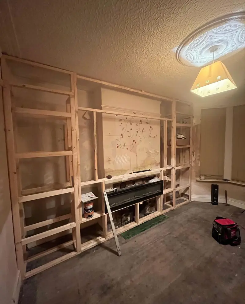 Timber stud framework built for a plasterboard media wall